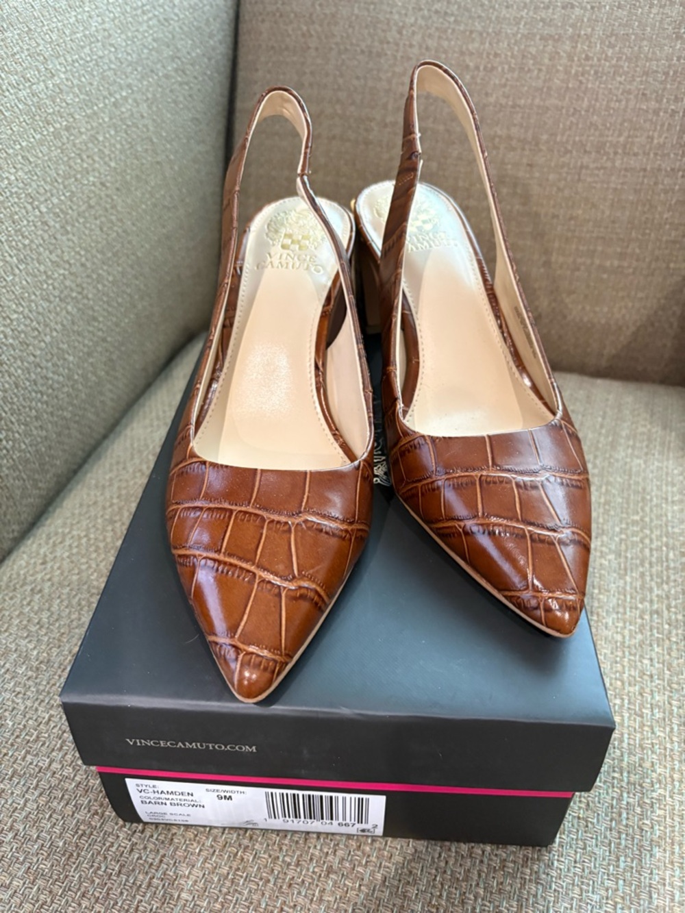 Vince Camuto Brown Croc-Embossed Pointed Toe Slingback Heels